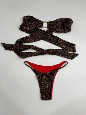 ALT + Leopard Print Wrap Bikini Set M Red Lined Sexy Bandeau Swimwear